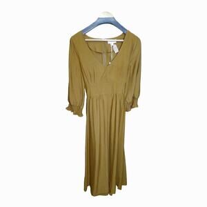 Gilli Womens Tie Waist Smocked Camel Colored Midi Dress Size Medium NWT